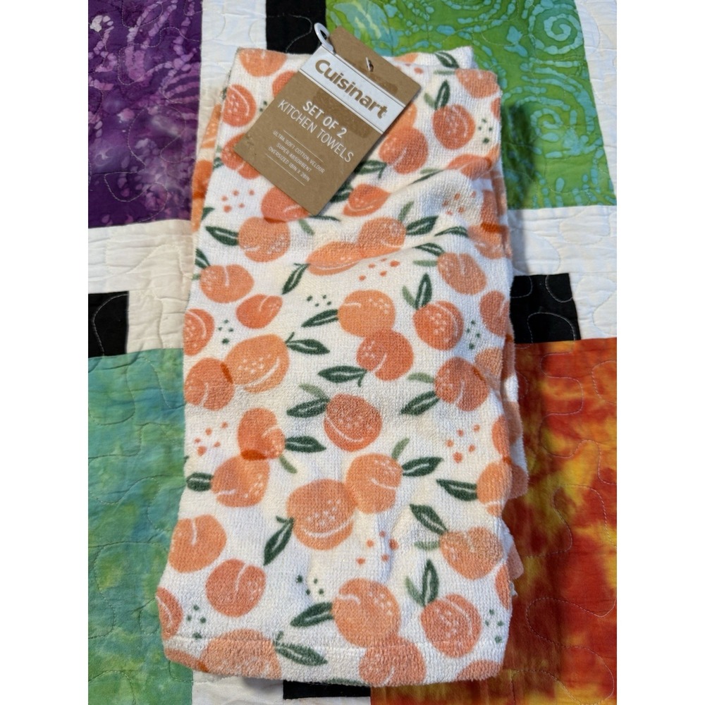 Cuisinart Set of 2 Kitchen Towels Peach Fruit Background 18x28 in Oversized New